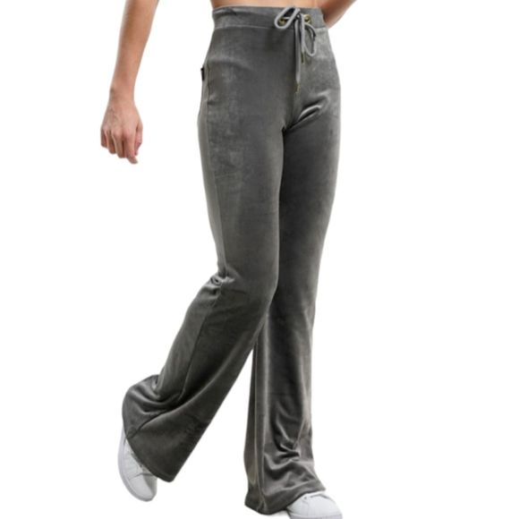 Juicy Couture Velour Velvet Gray Wide Leg Workout Running Jog Drawstring Pants - Picture 1 of 6